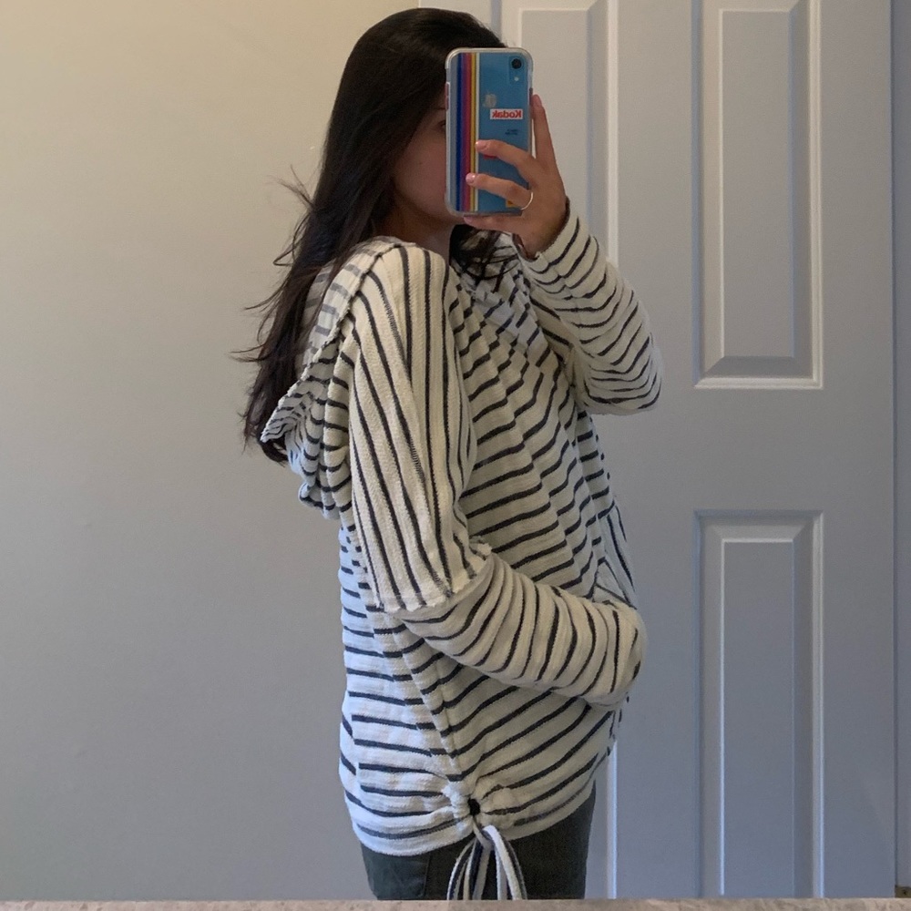 Blue and white striped sweatshirt with ties